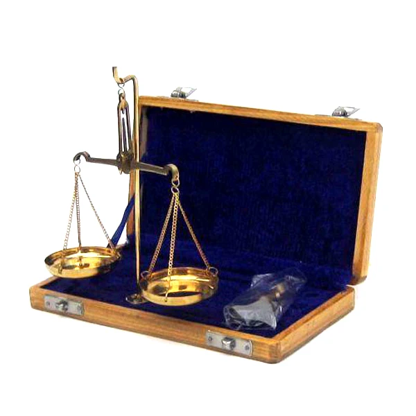 Solid Brass / Wood Small Weighing Scale With Some Weights Great