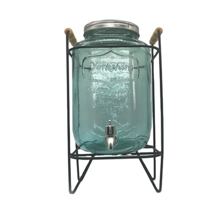 Cooling Station 2 Gallon Glass Beverage Dispenser with Screw Lid Spigot in Metal Caddy with Handle. 