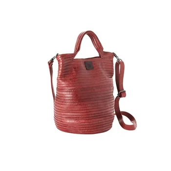 Luxury Italian Fashion Handmade Double Handle Striped Carmine Genuine Leather Handbag Bag For Woman