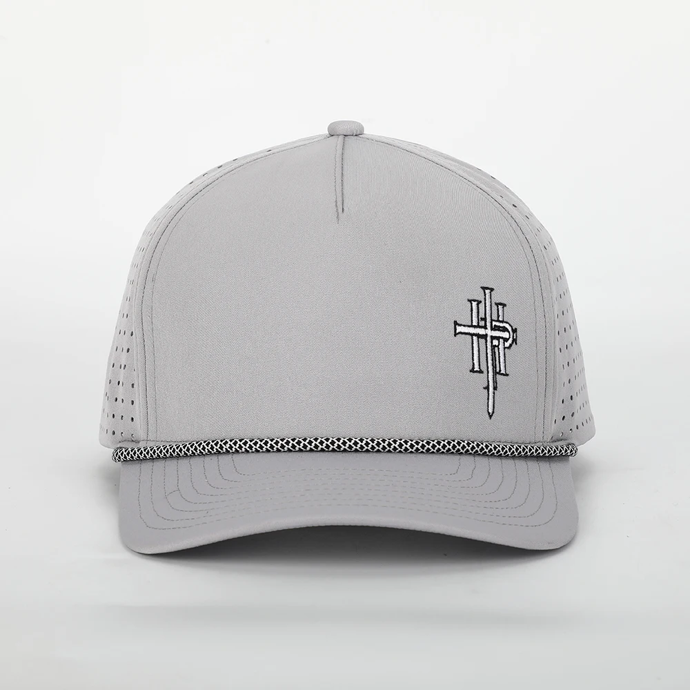 Высококачественная классическая Кепка с отверстиями и лазерной вырезкой на 5 панелей, Мужская водонепроницаемая бейсболка с перфорацией и логотипом с вышивкой, бейсболка с серой веревкой