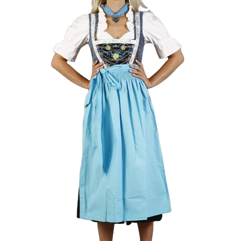 Dirndl Robe Traditionnelle Bavaroise Femme – 2 Pièces Bleu Avec Tablier Dentelle, Taille L
