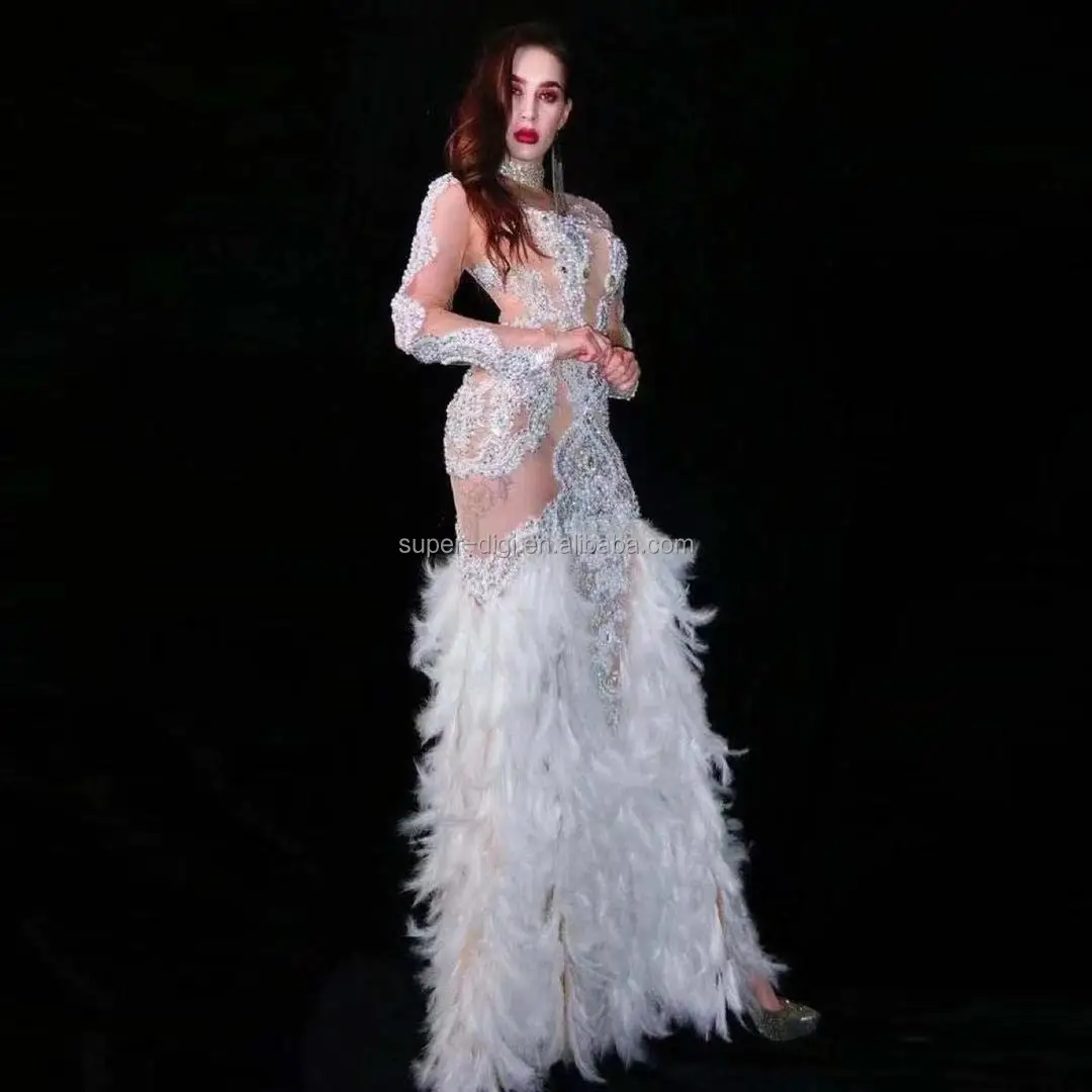 luxury Pearl Feather dresses sexy birthday party evening dress stage wear singer  nude long dress| Alibaba.com