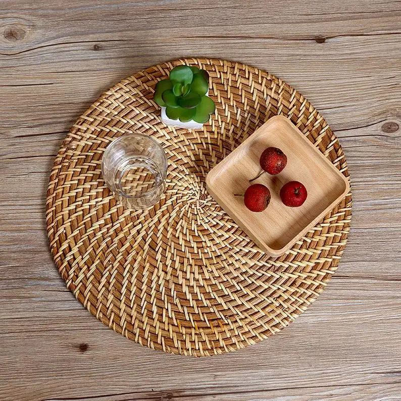 Trendy Round Rattan Set Of Placemats Coaster Natural Handicraft