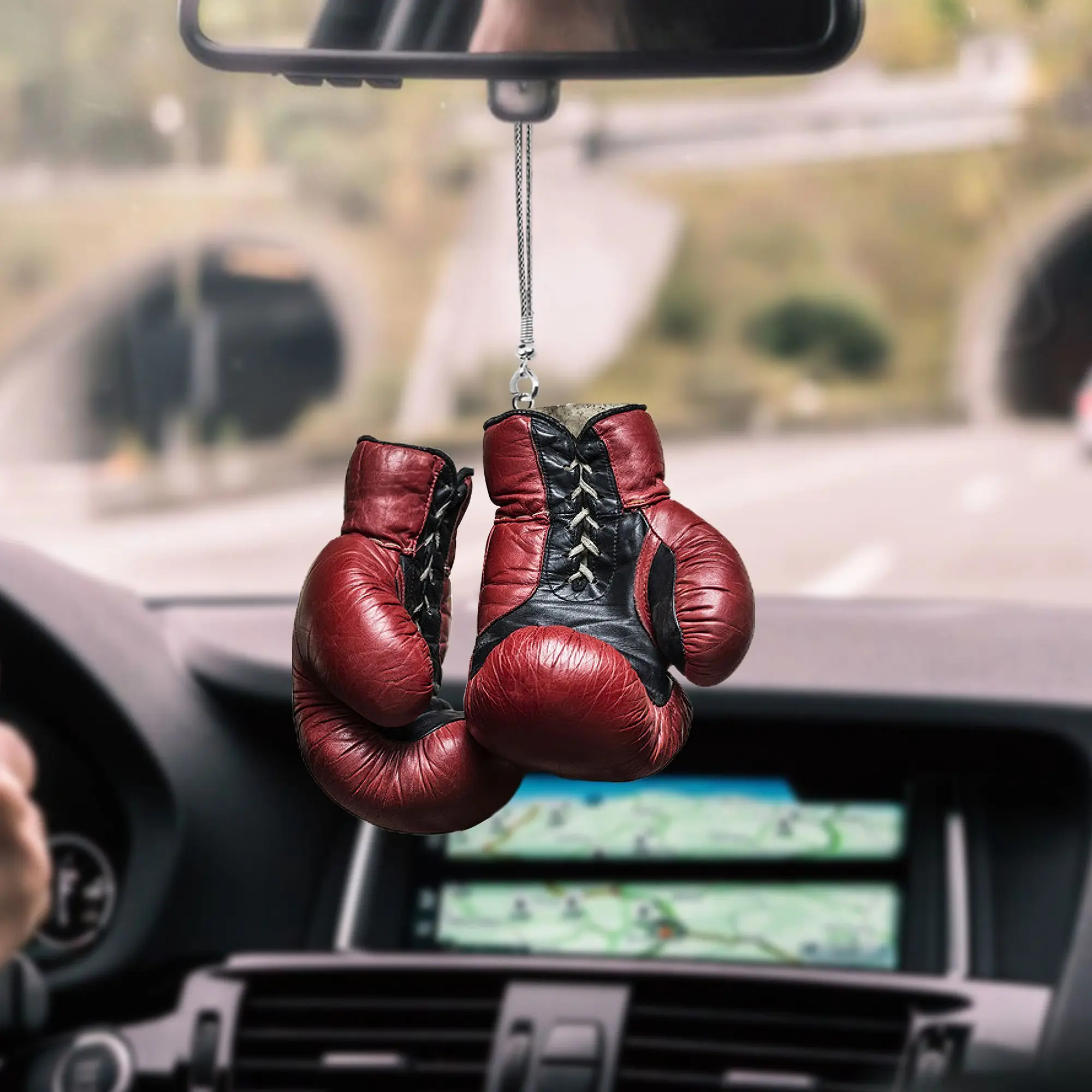 car mirror hanging boxing gloves