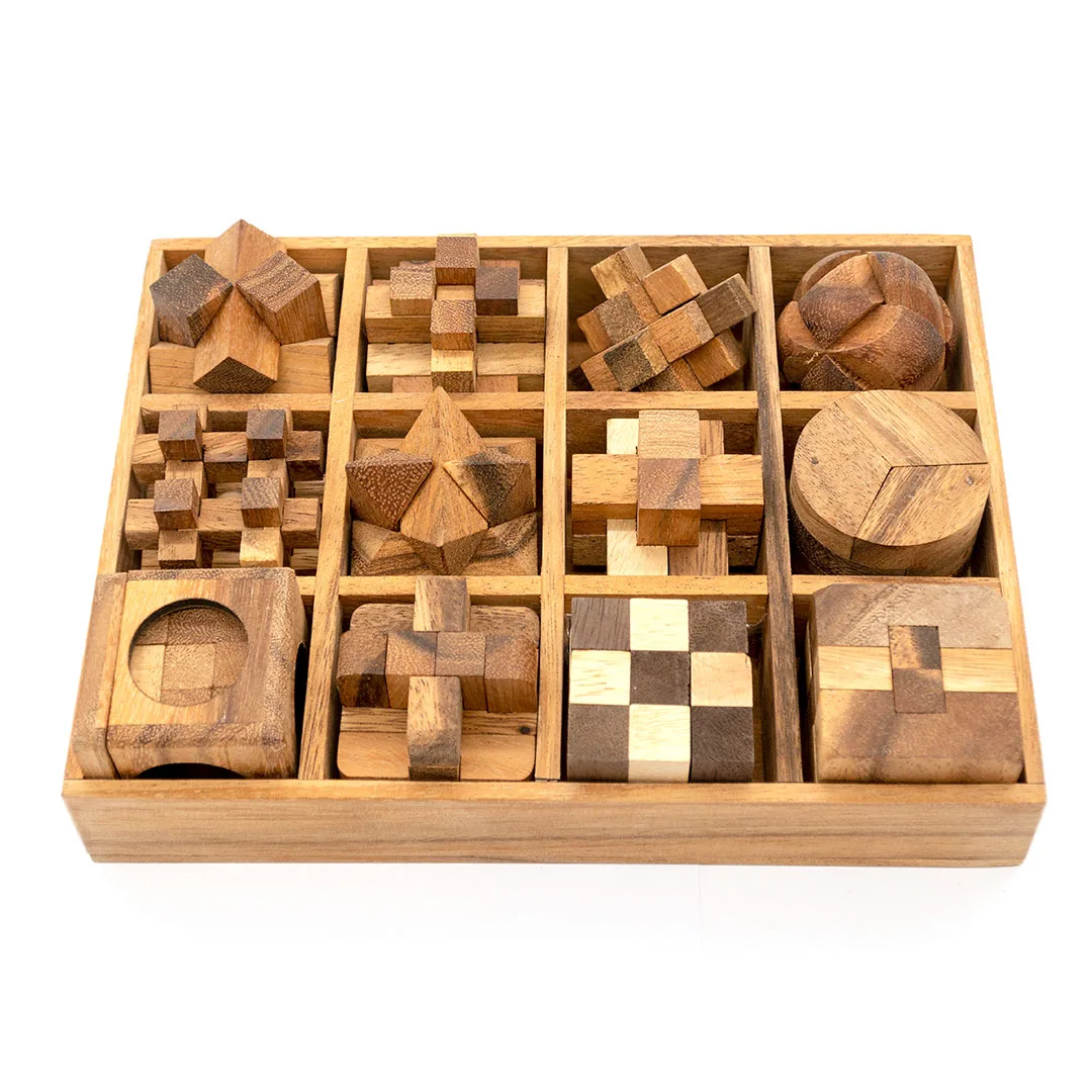 4 Puzzle Game Set 3D Wooden Cubes of Puzzles for Adults for Mind Gift Adults and Brain Teasers for Kids Ages 12-14 of Small Wood Piece Block Puzzles Made from Monkey Pod Wood 
