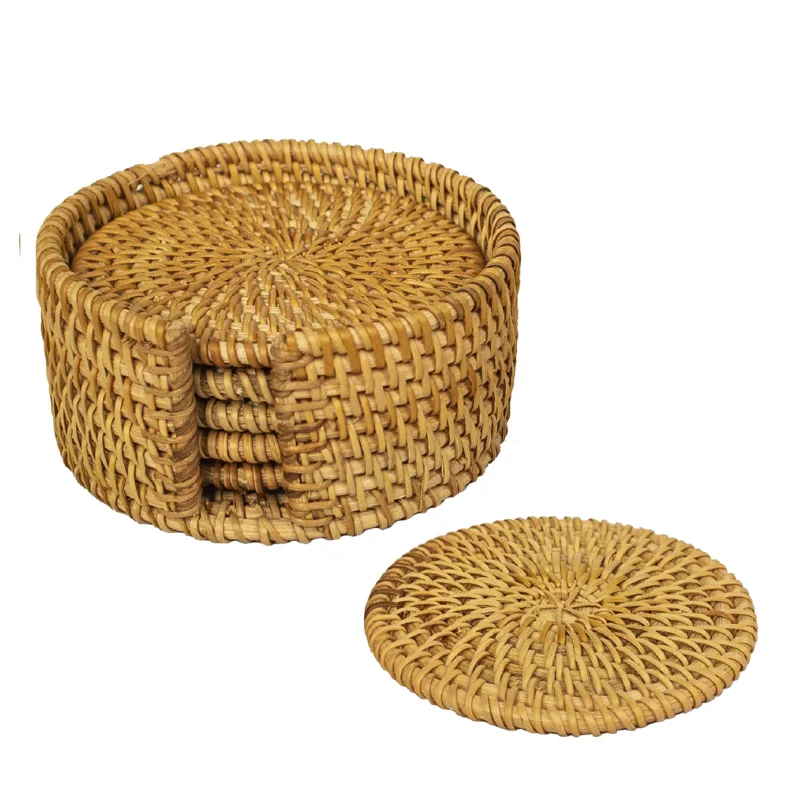 6pcs Woven Rattan Coasters Placemats Handcrafted Heat Insulation Coffee Cup 
