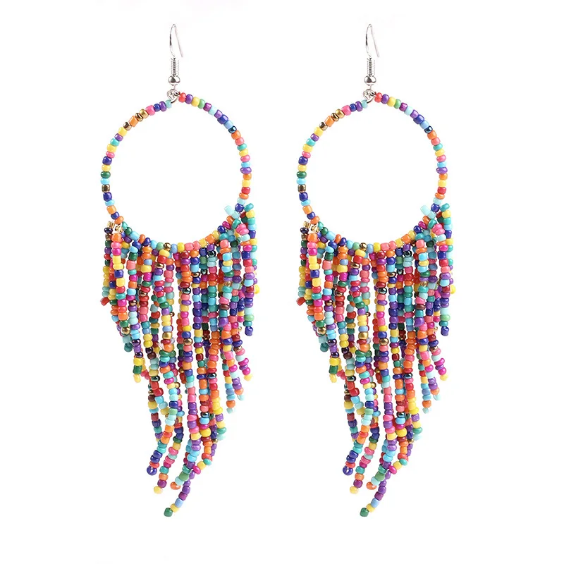 beaded tassel hoop earrings