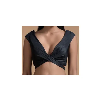 Women's Indian Stylish Black Sleeveless Blouse Raw Silk With Wrap-Around Tie Up Neckline Online Crafted plunging neckline cap