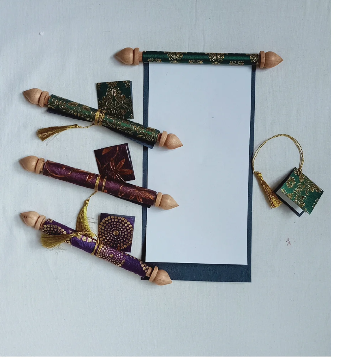 Custom Made Mini Scroll Invites With Foil Stamped Papers Available Blank and Without Print