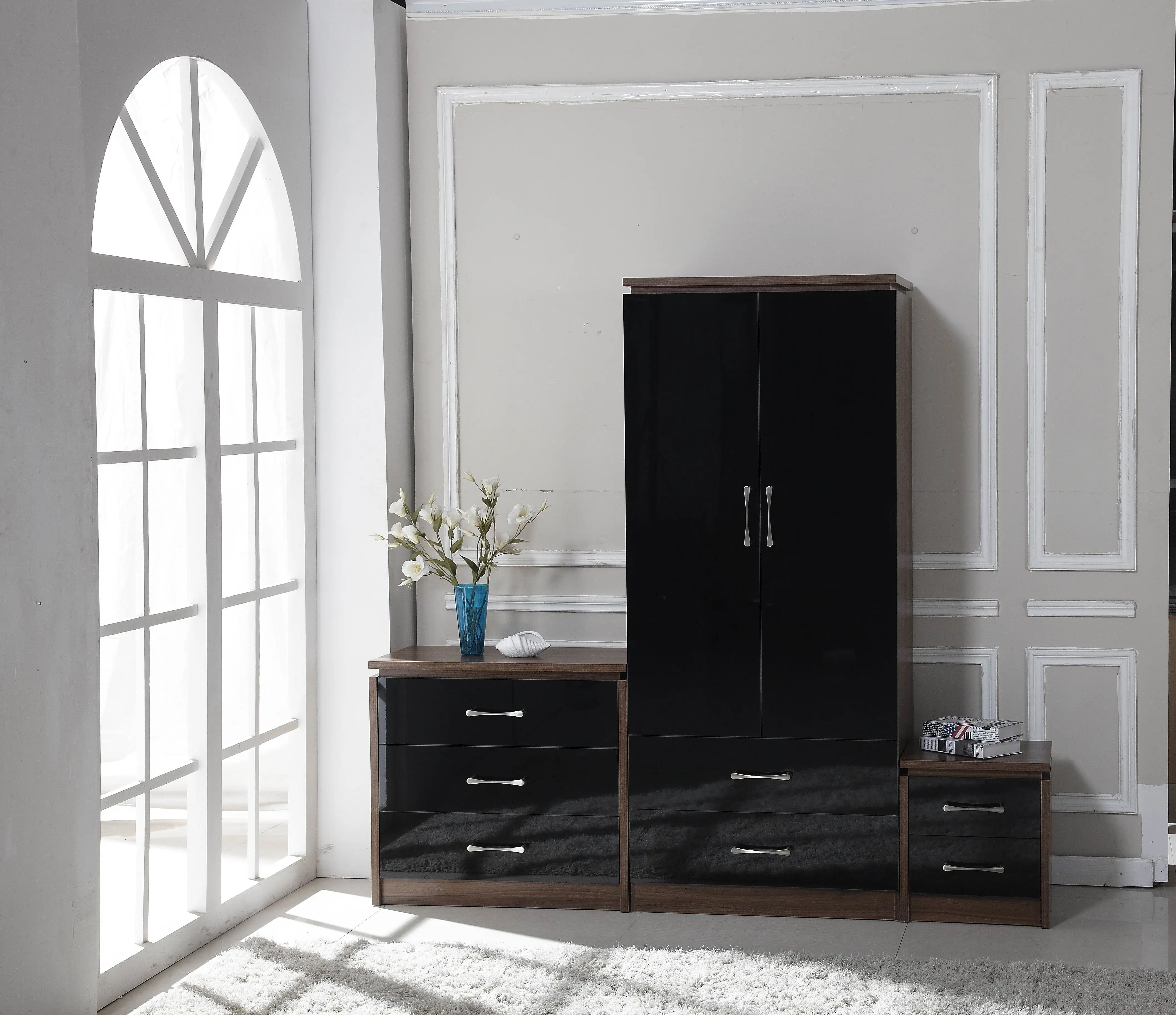 High Gloss Bedroom Furniture Sets 3 Piece Trio Wardrobe Drawers Chest