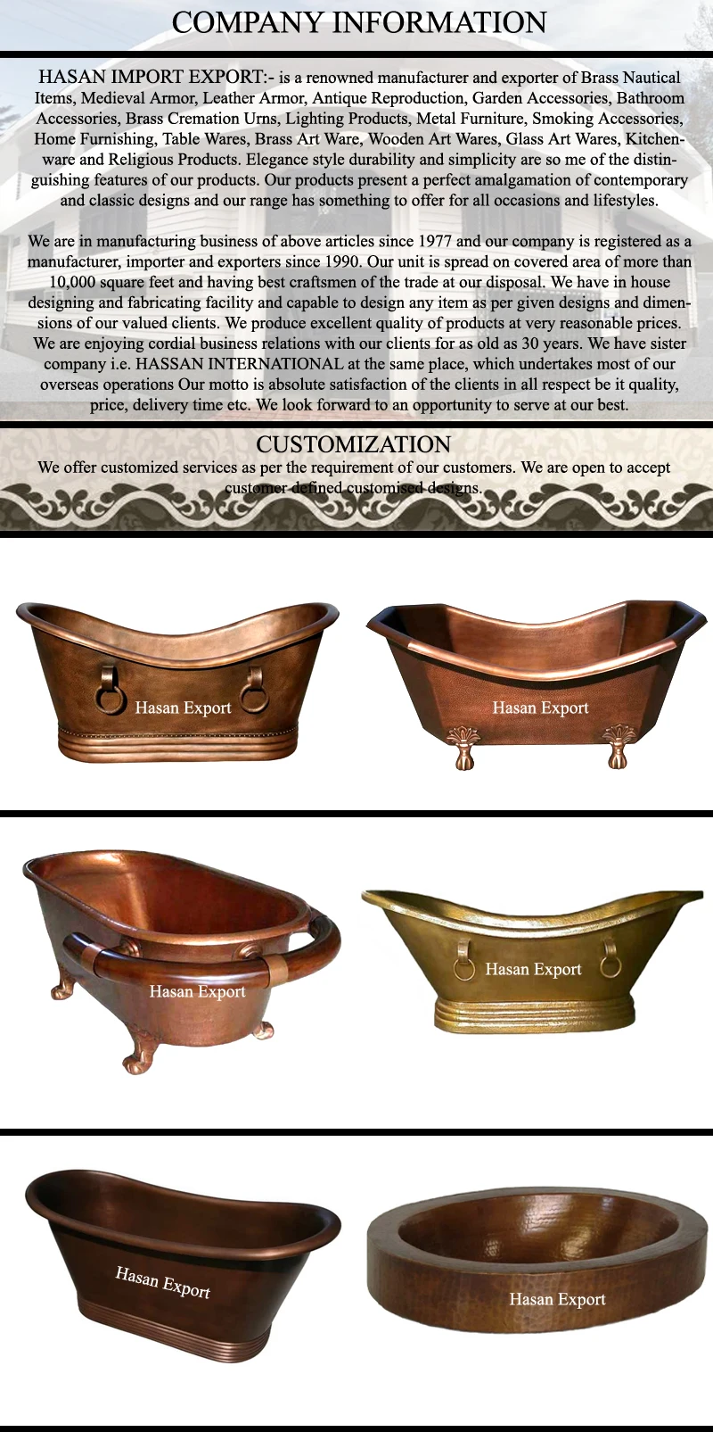 Handicraft Bathroom Decorative Copper Bathing Tub Plain Mirror Polish Bath Tub for Home Decoration Bathing Tub