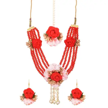 Indian Bridal Jewelry Set Faux Pearl Beaded Floral Strand Necklace Hook Earrings Mang Tikka Jewellery Manufacturers, Red