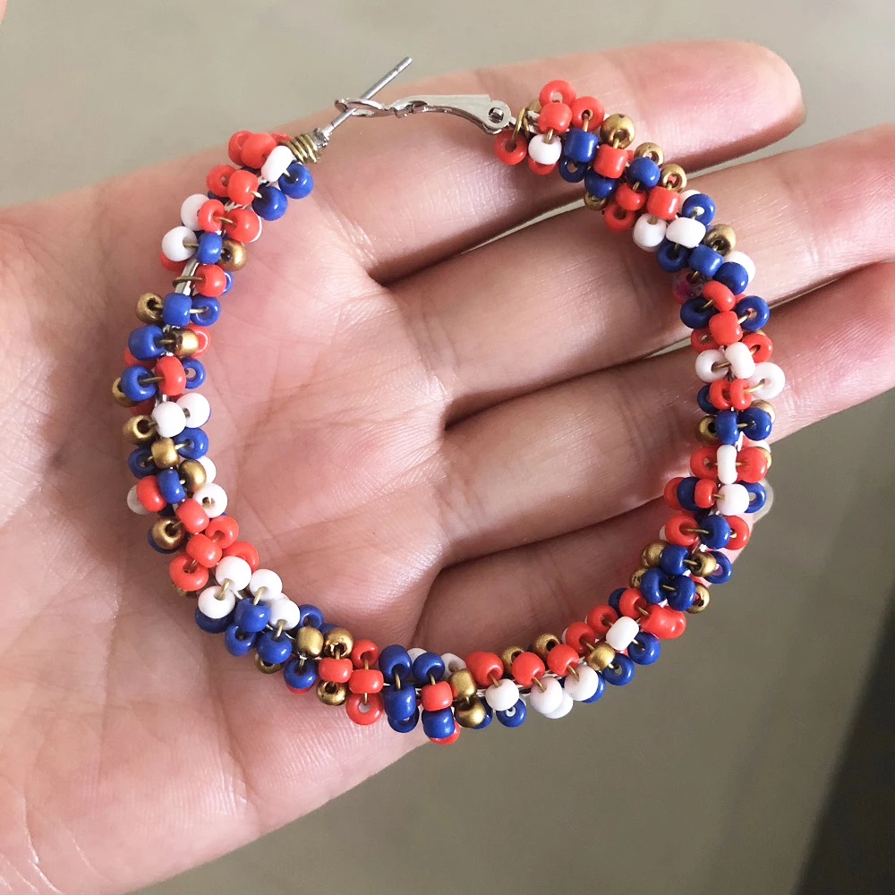 Hot Sale Blue White Red Beaded Hoop Earrings 4th of July Independence Day Beaded Tassel Earrings Women