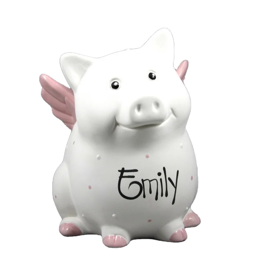 Adorable Piggy Bank in Pink Ceramic Coin Storing Piggy Bank with Wings Birthday Cake Topper for Girls