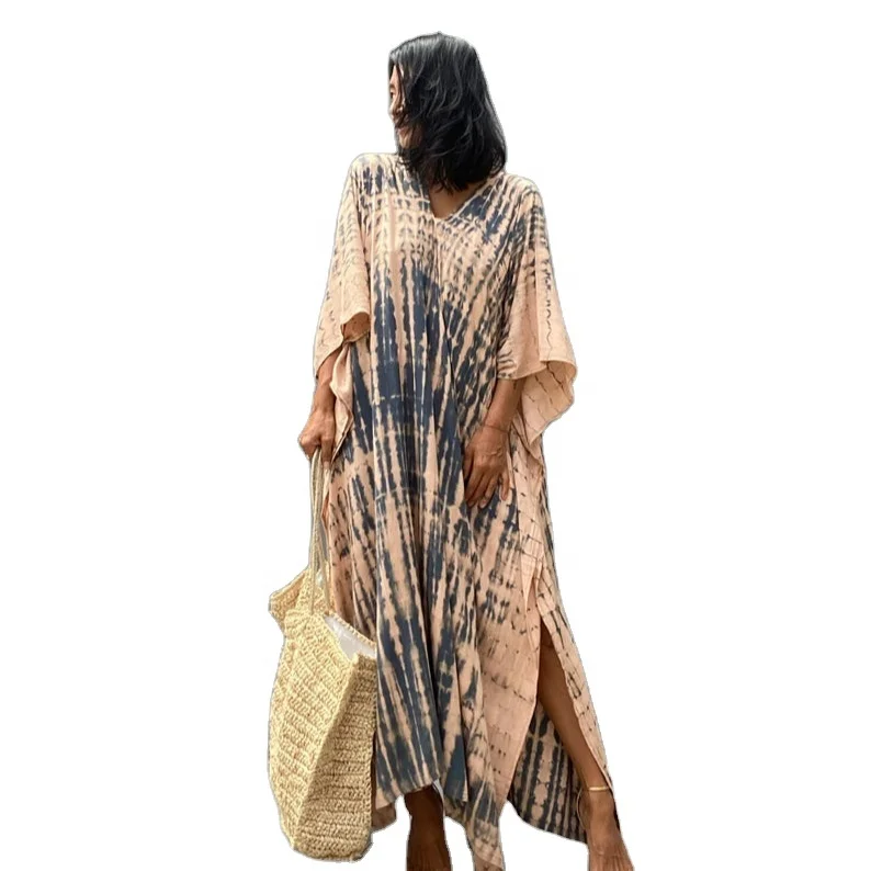 Boho New Hand Tie Dye Long Kaftan Simple Summer Long Sleeve V- Neckline ...