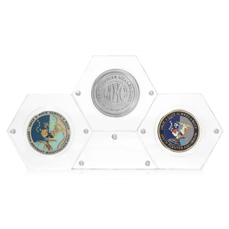 Plexiglass Magnetic Coin Display Frame Stackable Hexagon Single Medallion Display Block Clear Acrylic Hexagon Coin Case
