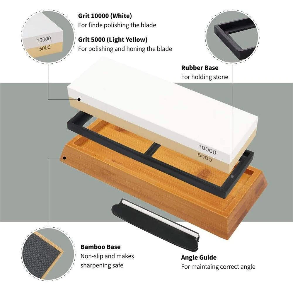 Sharp Pebble Sharpening Stone Kit- Dual Grit Whetstone 1000/6000 - Bamboo  Leather Strop - Non Slip Bamboo Base, Angle Guide & Green Polishing/Honing