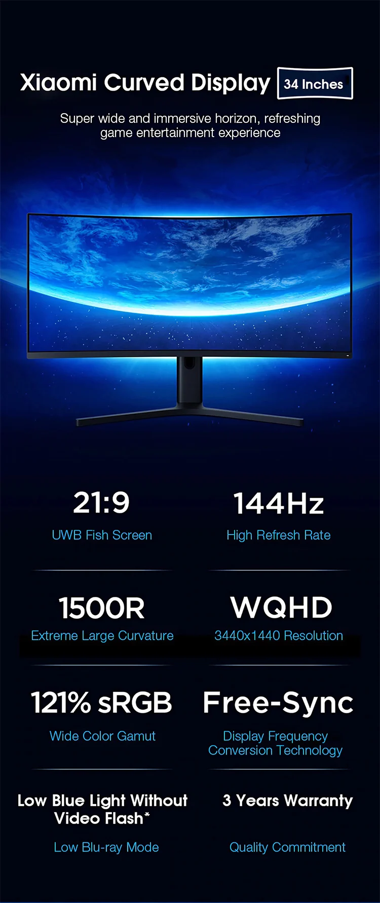 Mi 34 Xiaomi Mi 34 Inch Curved Gaming Monitor - 2K 144Hz, 21:9 IPS Display ...