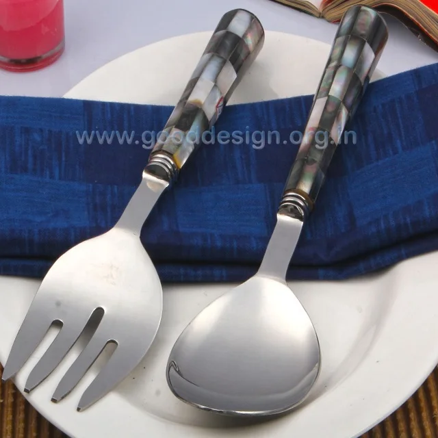 Latest 2 Pcs Stainless Steel Gold PVD Salad Server with Resin Handle or Service Spoon Sets