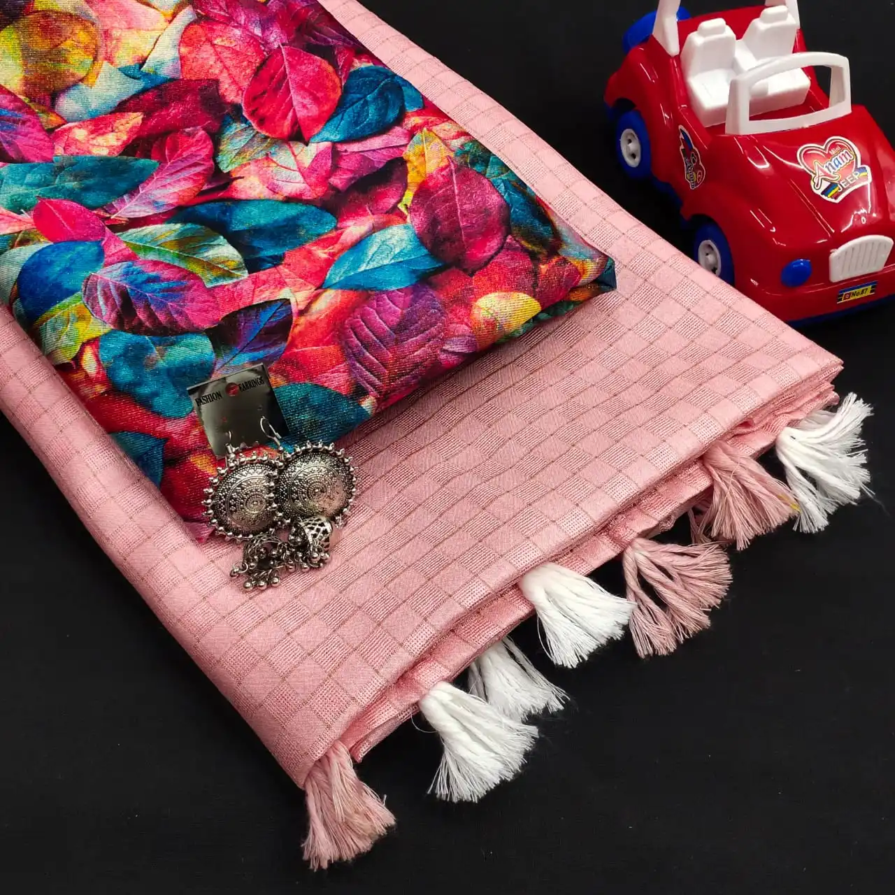 Mesmerising  Jute Silk Self Chex Saree with Cotton Tussels Gota Satin Silk Digital Printed Blouse and with Free Ornaments