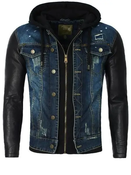 Mens Hooded Leather Denim Jacket