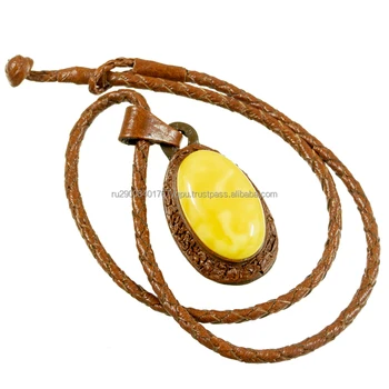Fashion high quality necklace oval pendants charms baltik amber in brown leather, resin jewelry from manufacturer