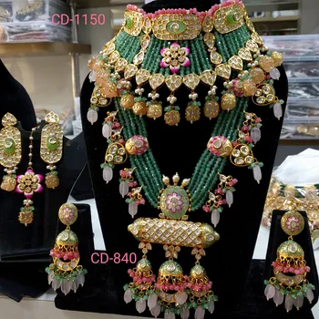 elegant indian kundan meena bridal set with hand painted beads and crystal mala gold plated for wholesale and bulk.