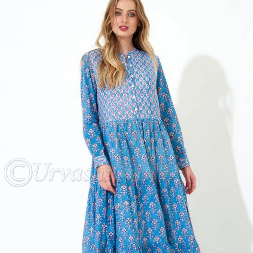 Source pure cotton hand block printing dress with hem gathering