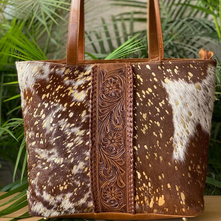 Cowhide Tooled Leather Tote Bag Women 