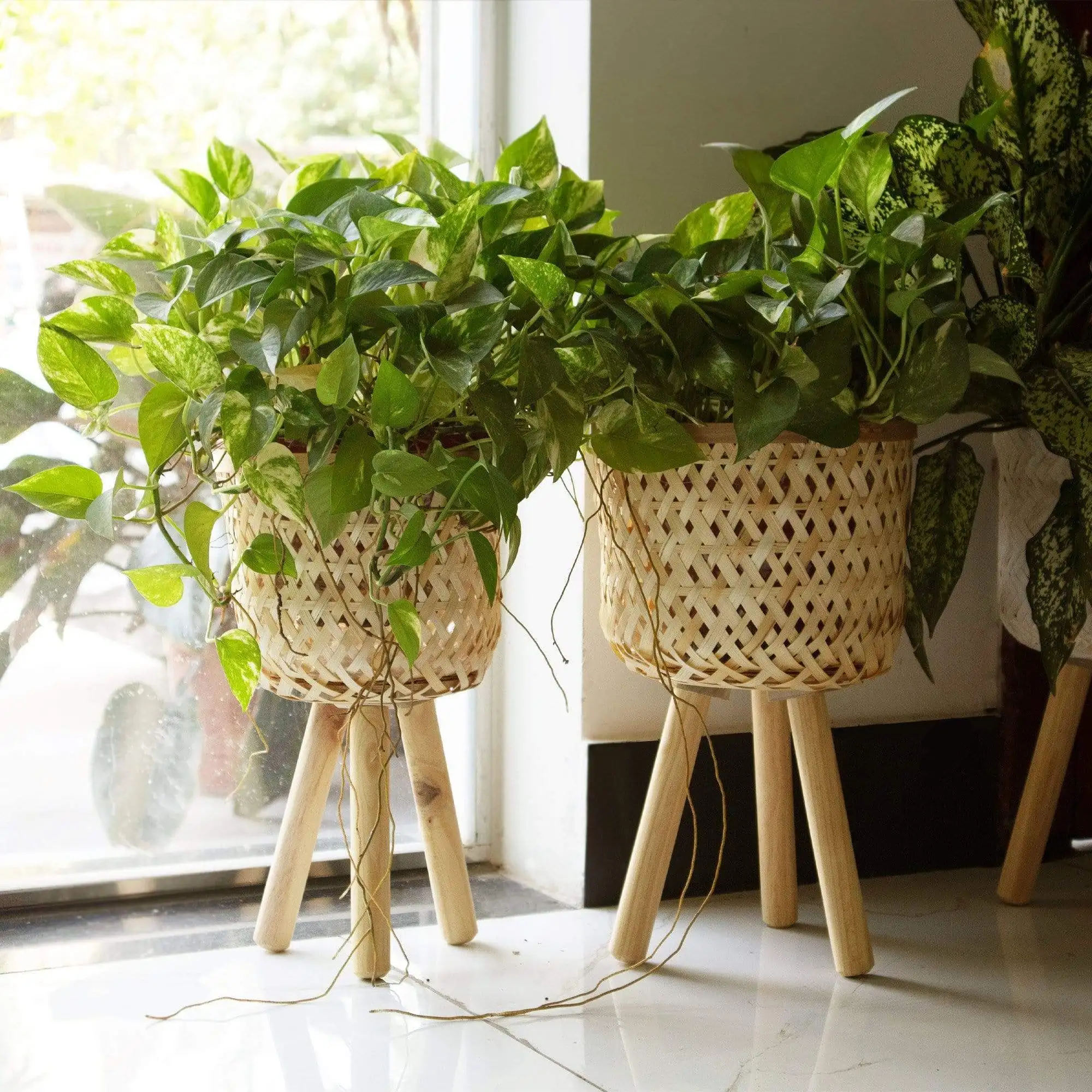 Set Of 2 Lovely Bamboo Wicker Planter Basket W Removable Legs,Plant Pot