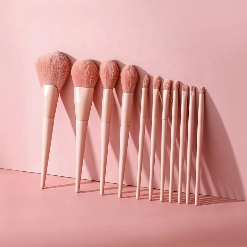 MOQ 20 Sets Custom Own Brand LOGO 11pcs Candy  Matte Pink Color Hair Wood Handle Brush Set Soft Hair