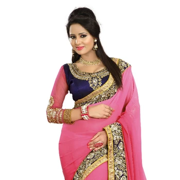 Blue with pink padding color with machine embroidery sarees manufacturer from india designer sarees supplier from india