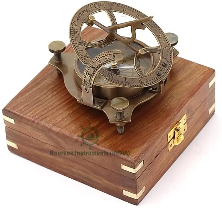 Collectible vintage marine maritime brass sundial compass with anchor wooden box 