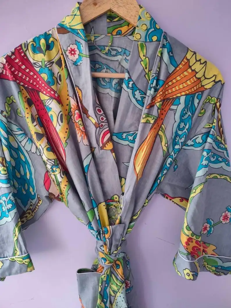 Fashionable Lady Over Sized Printed Cotton Kimono Customized Maxi Dress for Summer and Spring in Closure Wide Kimono Sleeves set