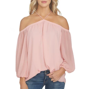 Metro fashion women chiffon blouse solid color off the shoulder halter sheer puff sleeve blouse