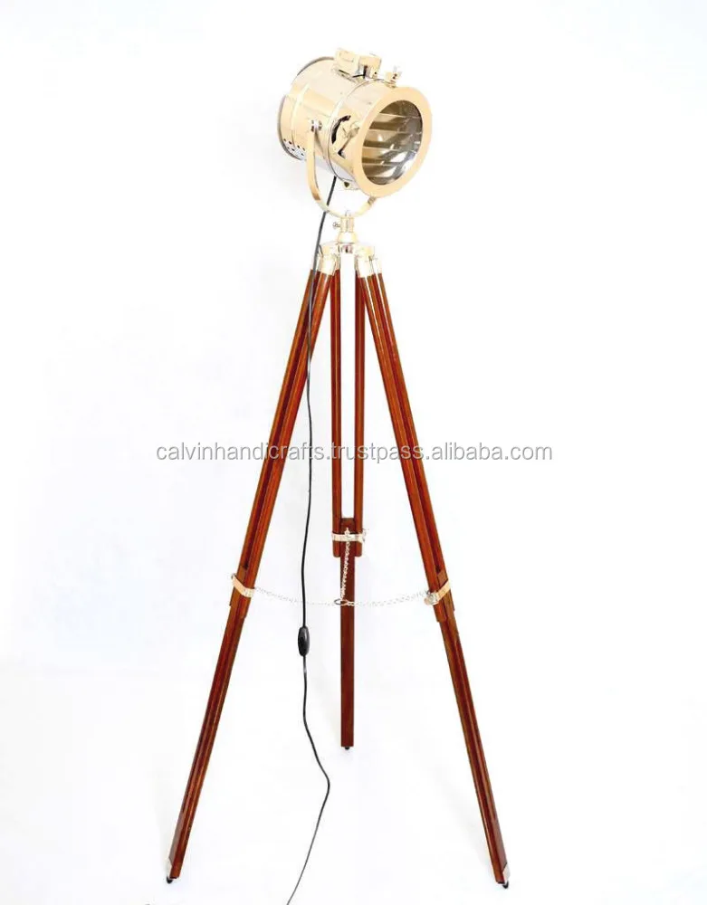 Antique Brass Nautical Tripod Spot Searchlight with Stand Marine Floor Lamp Home &Office Decoration Brass Wood Calvin Handicraft