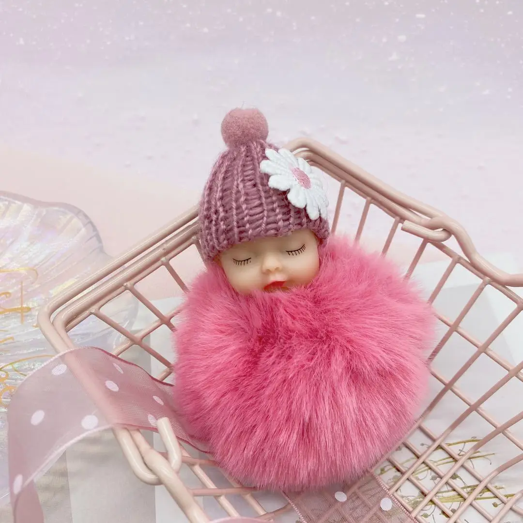 Cute 8CM Sleeping Baby Doll Keychain Pompom Rabbit Fur Ball Key Chain  Fluffy Car Keyring Bag Charm Gift Plush Fur Keychain