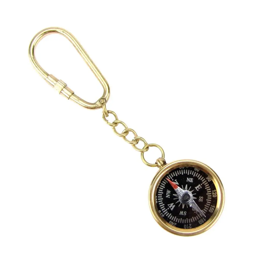 Antique Vintage Style Solid Brass Compass Keychain 