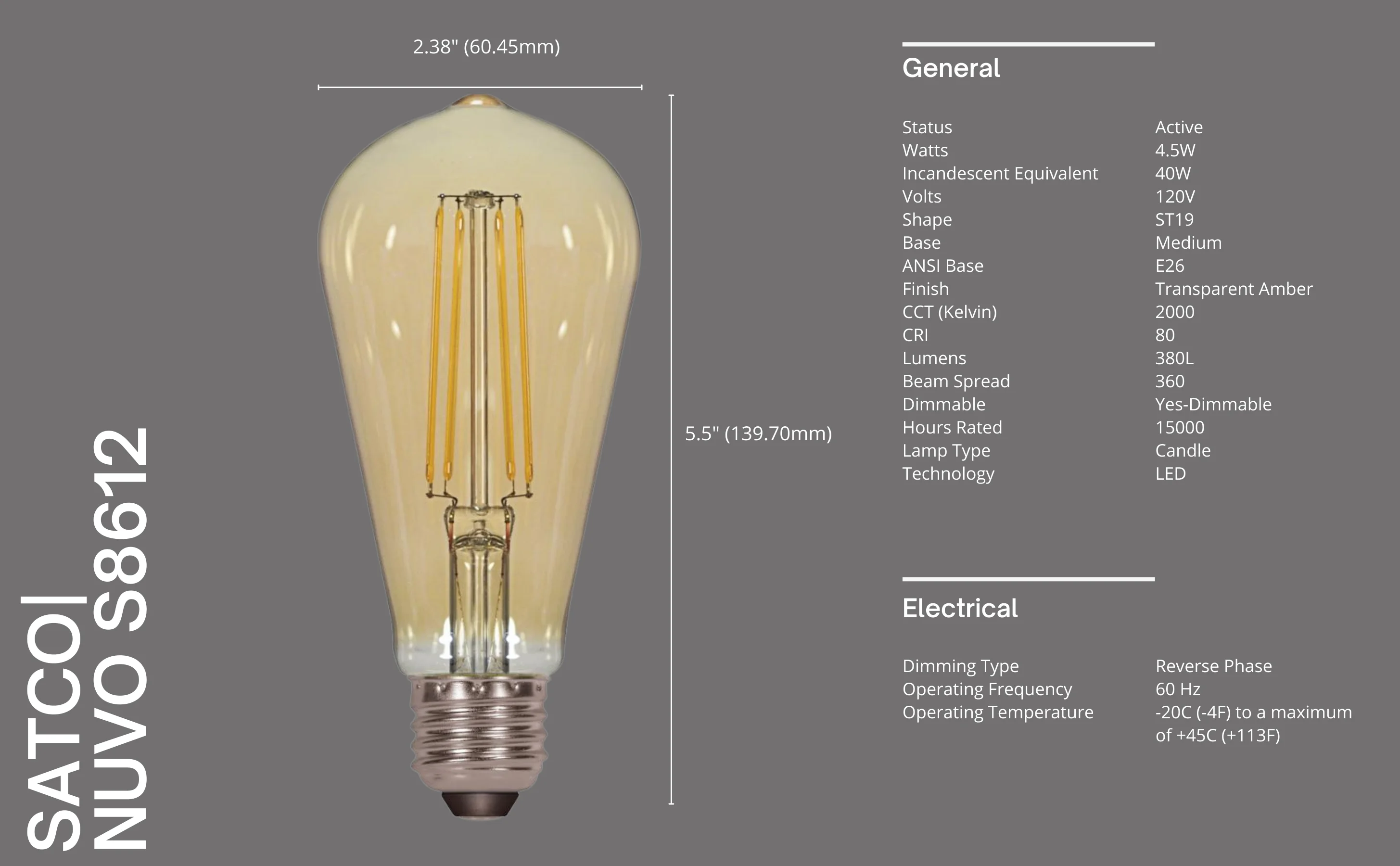 Satco S8612 Led Medium Base Light Bulb In Transparent Amber Finish,4.5 ...