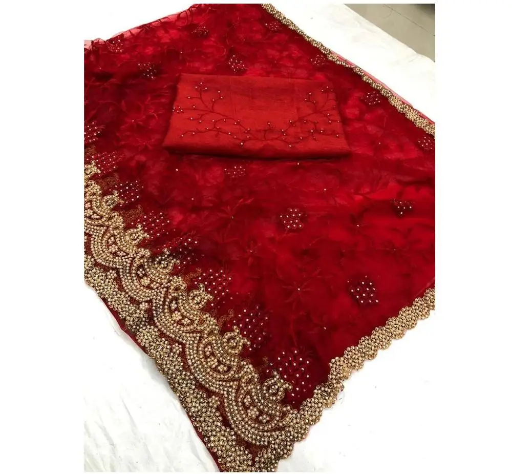 Ropa India De Boda Para Mujer Estampado Con Borde De Encaje Sari