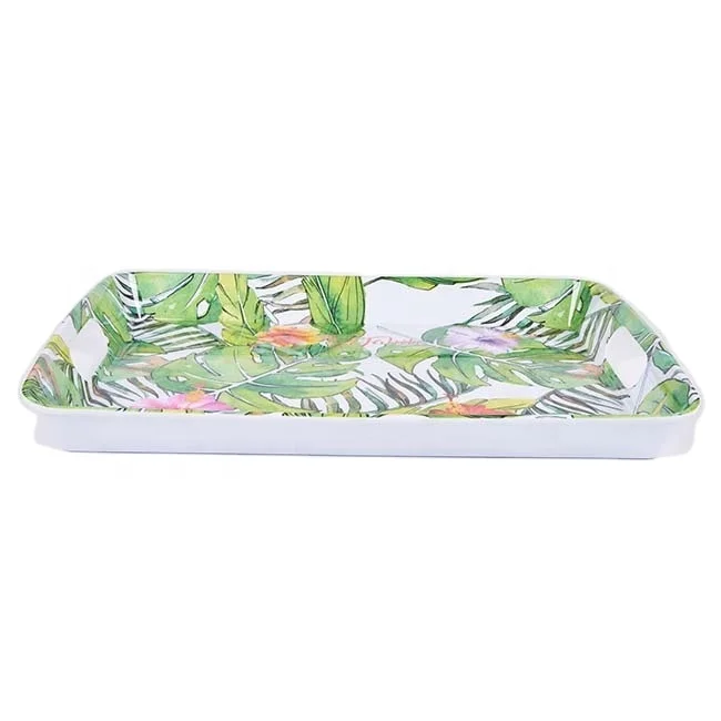 Plant Pattern Custom Logo Colorful Food Preservation Tray Plastic Melamine Serving Trays for Lunch Dinner Breakfast