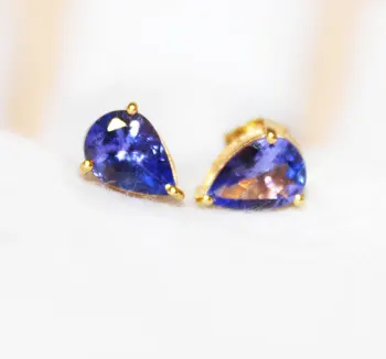 Beautiful Pear Shape Tanzanite Gemstone 9K Yellow Gold Stud Earring Jewelry Wholesale