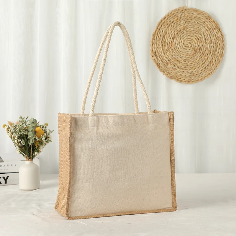 Natural Burlap Custom Logo Printed Tote Bags Reusable Jute Shoulder Bag Shopping With Zipper