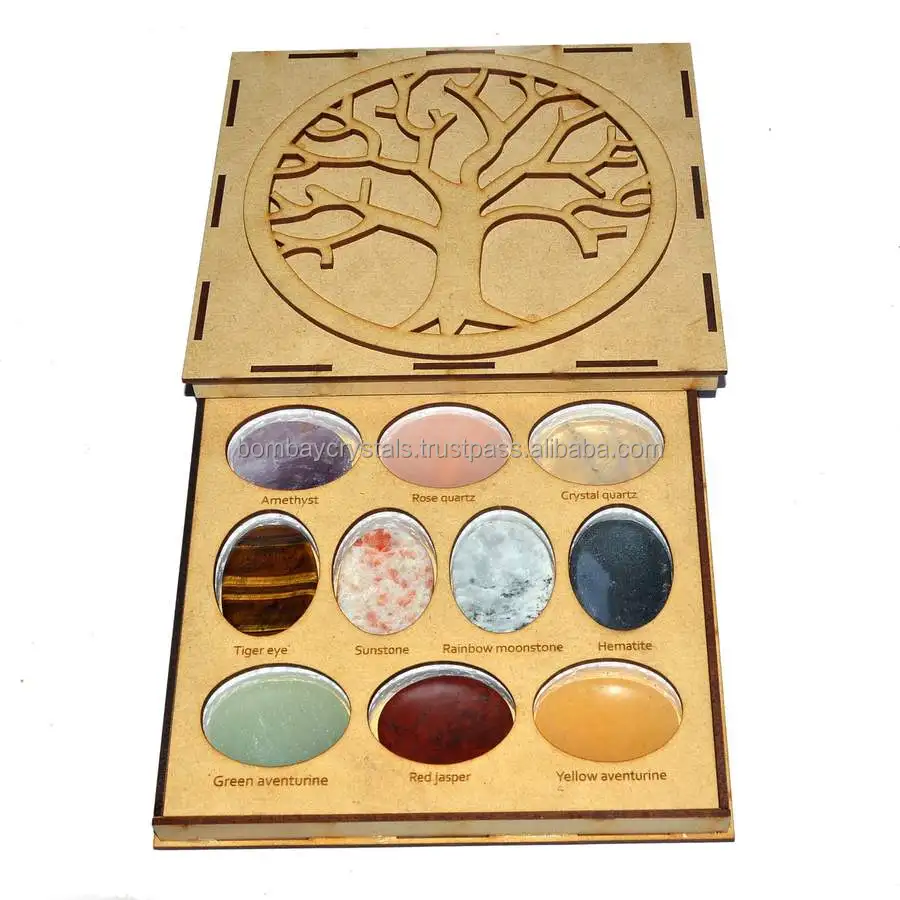 7 Chakras Stone Set With Wooden Box Tree Of Life Engraved 10 Healing