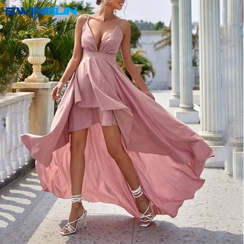 Wholesale elegant women dresses prom evening high quality party dress lady pink silk deep v neck sexy solid color slip fashion
