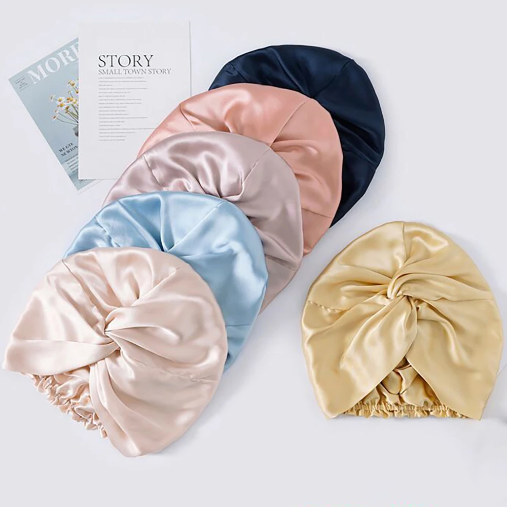 Custom logo Double Sided Layer Silk Head Wrap Sleep Hair Bonnet Cap Heavy Silk Turban 22mm Sample Silk Lined Bonnets