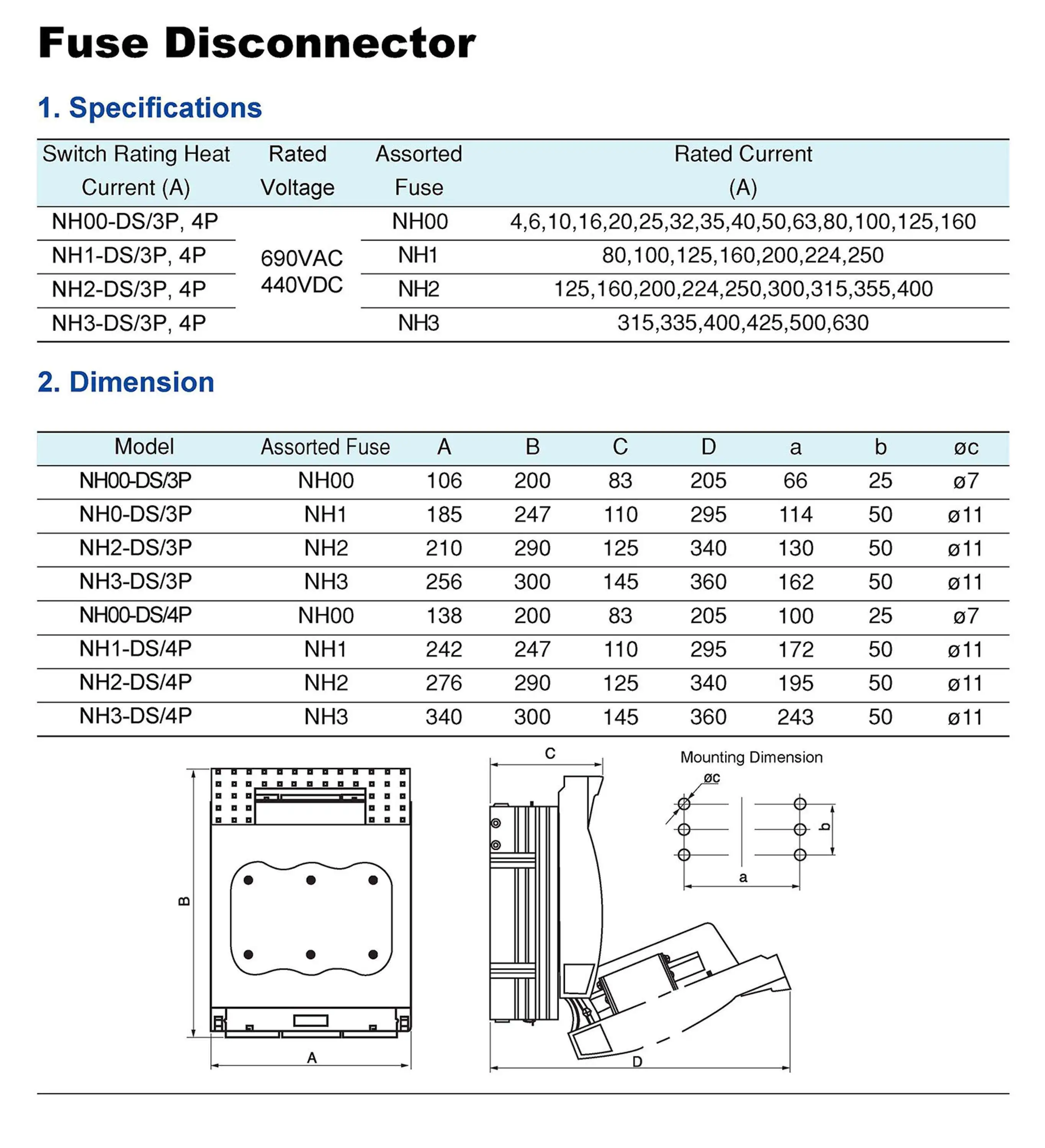 HR17 440VDC 1000VDC AC or DC Battery Fuse Isolator 3P 4P 100A 160A 250A 400A 630A 440V 1000V DC Disconnector