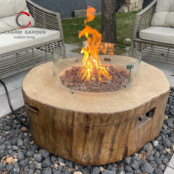 Concrete Gas Fire Pit Bowl Using As Coffee Table with Wood Vein Texture for Outdoor Living