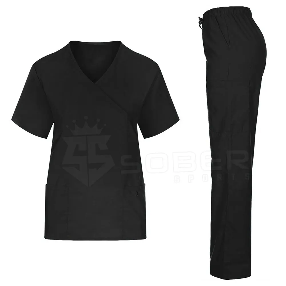 Comfortable Women's Nurse Medical Scrubs Solid Black Color Hospital Uniforms Convenient Nurse Suit Sets