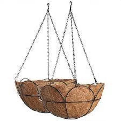 Metal Hanging Planter Basket Coir Pot With Coco Coir Liner Round Wire Plant Holder With Chain